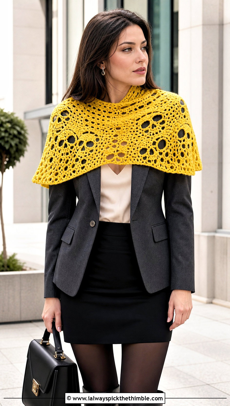 Cropped Lost Souls Shawlette With Blazer And Mini Skirt - 15 Lost Soul Crochet Shawl outfit ideas