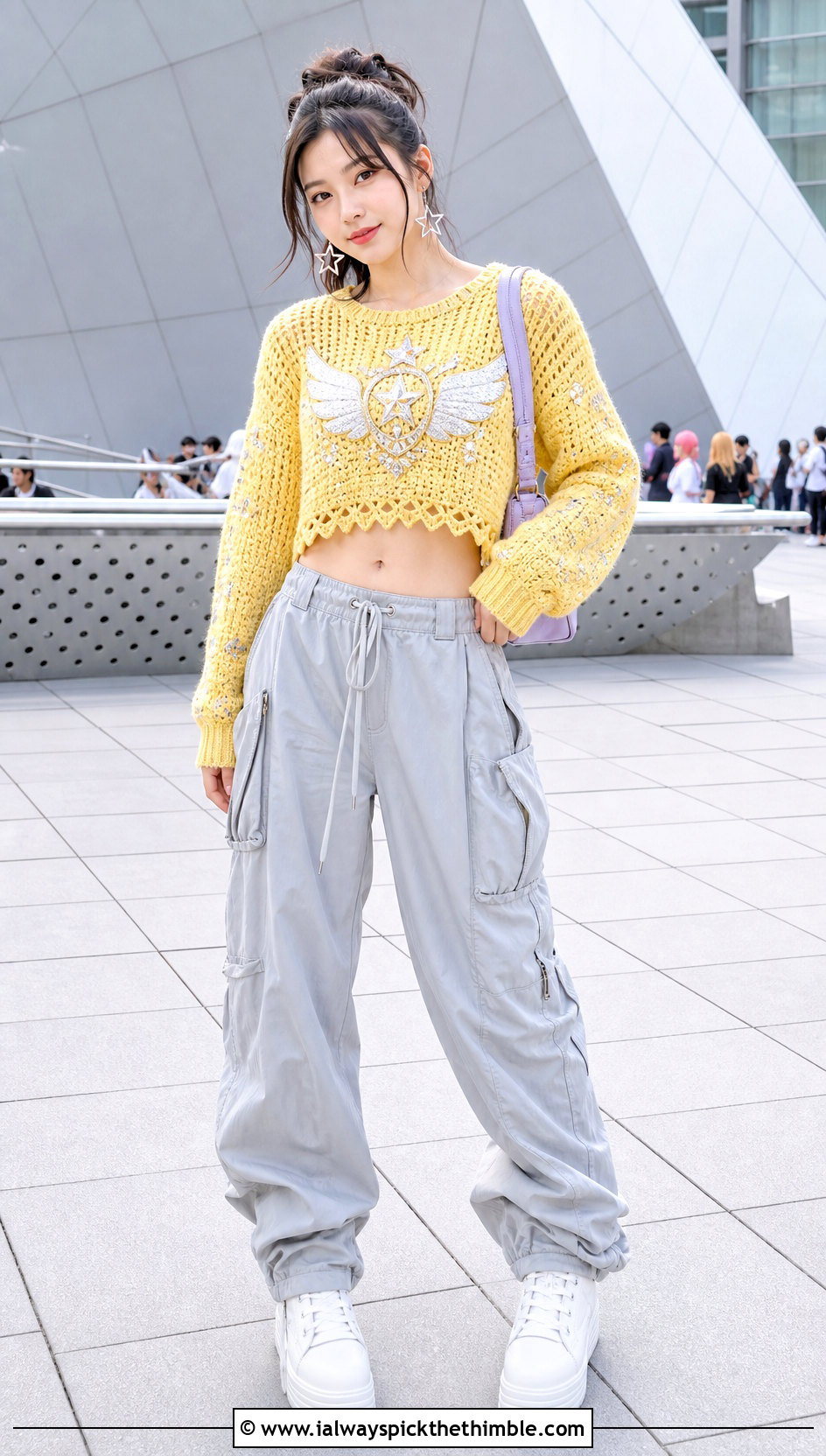 Cropped Magical Girl Crochet Sweater With Parachute Pants - 20 Anime Crochet Sweater outfit ideas