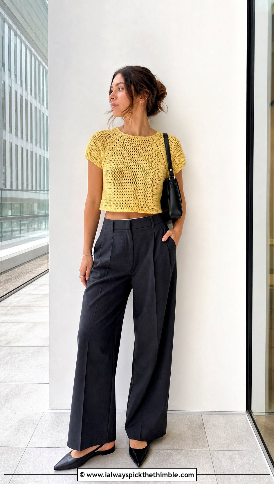 Cropped Maria Crochet Top With Tailored Trousers - 20 maria crochet top outfit ideas
