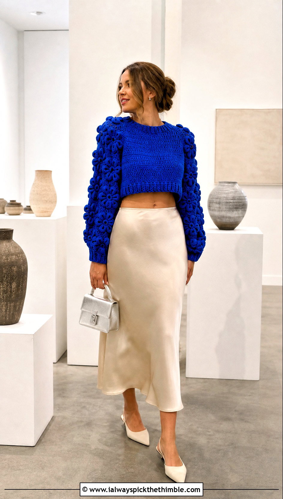 Cropped Marigold Crochet Sweater With Satin Midi Skirt - 15 Marigold Crochet Sweater outfit ideas