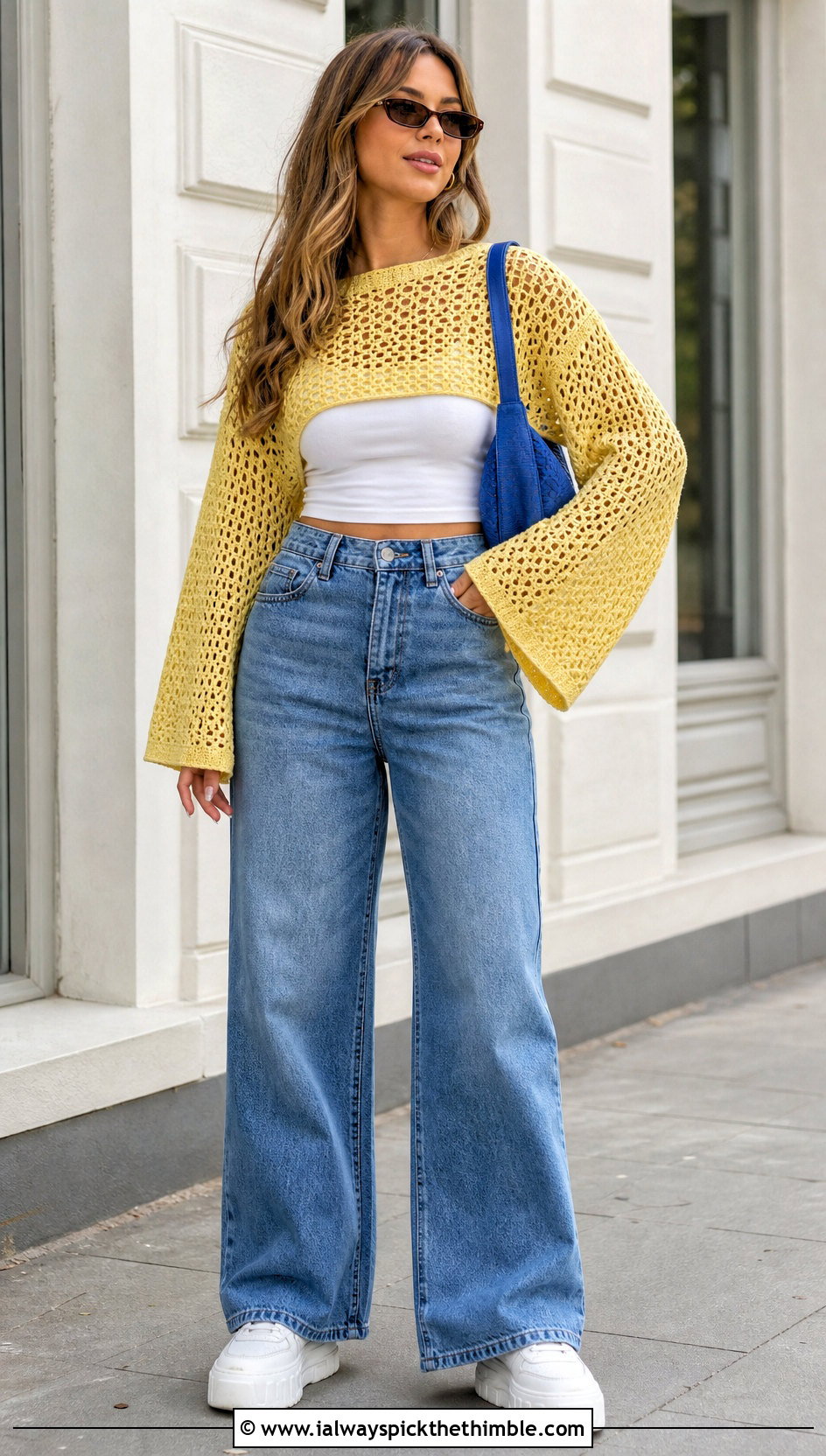 Cropped Mesh Bell Sleeve Crochet Sweater With Wide Leg Jeans - 20 crochet sweater bell sleeves outfit ideas