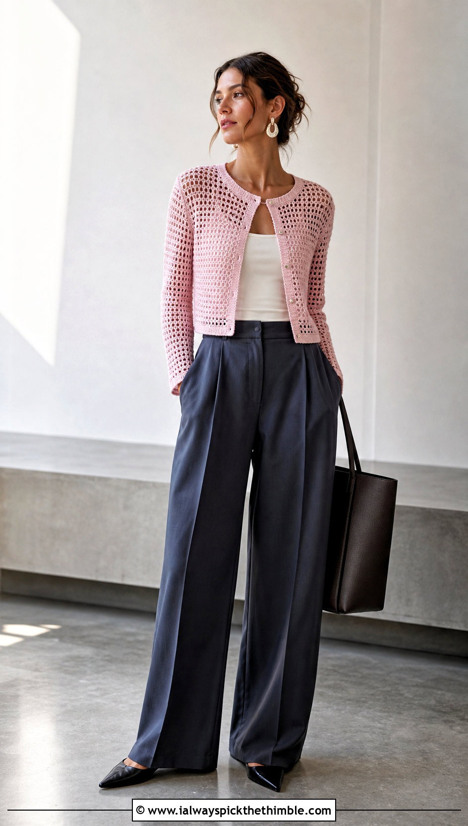 Cropped Mesh Boho Crochet Cardigan With Wide Leg Trousers - 25 Boho Crochet Cardigan outfit ideas