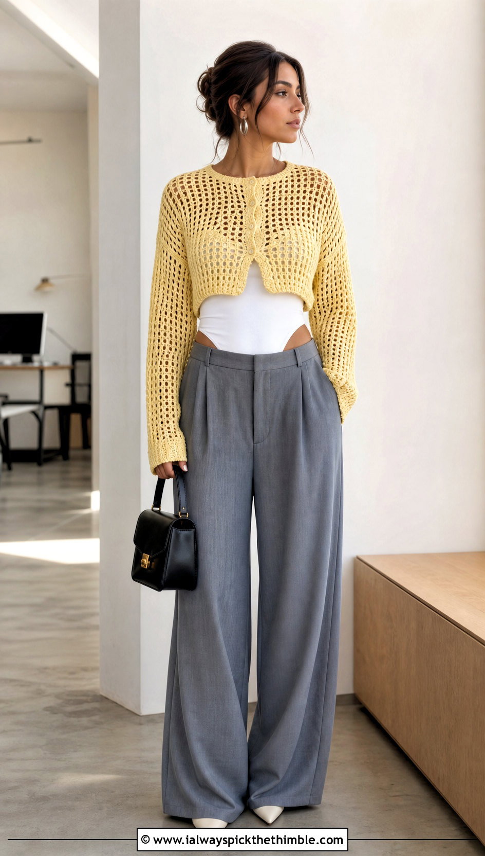 Cropped Mesh Bottom Up Crochet Sweater With Wide Leg Trousers - 20 bottom up crochet sweater outfit ideas