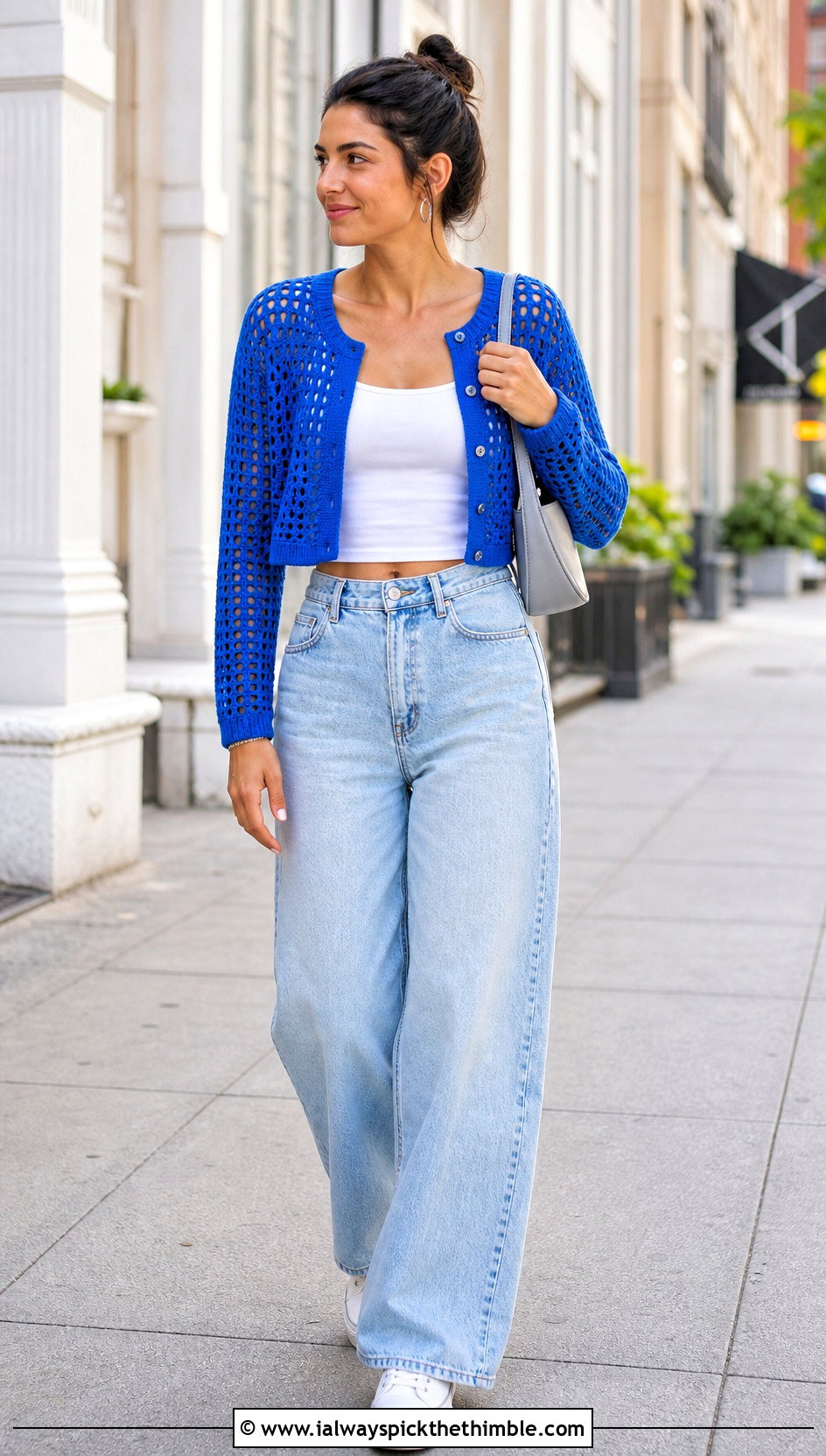 Cropped Mesh Crochet Cardigan With Wide Leg Jeans - 20 crochet women's cardigan outfit ideas