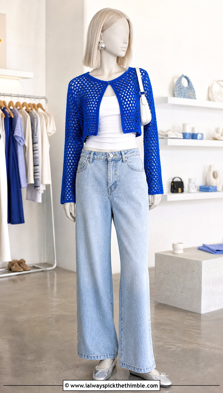 Cropped Mesh Crochet Cardigan With Wide Leg Jeans - 15 Crochet Cardigan On Mannequin outfit ideas