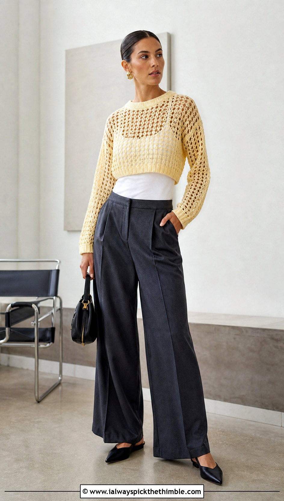 Cropped Mesh Crochet Cashmere Sweater With Wide Leg Trousers - 20 crochet cashmere sweater outfit ideas