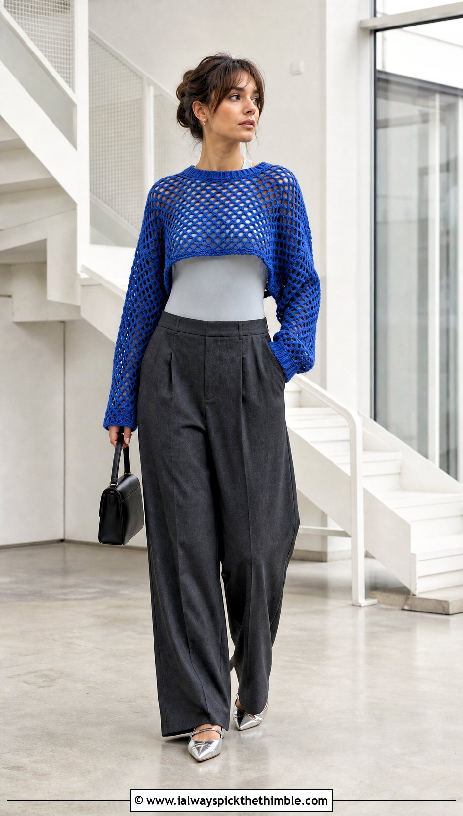 Cropped Mesh Crochet Drop Shoulder Sweater With Wide Leg Trousers - 20 crochet drop shoulder sweater outfit ideas