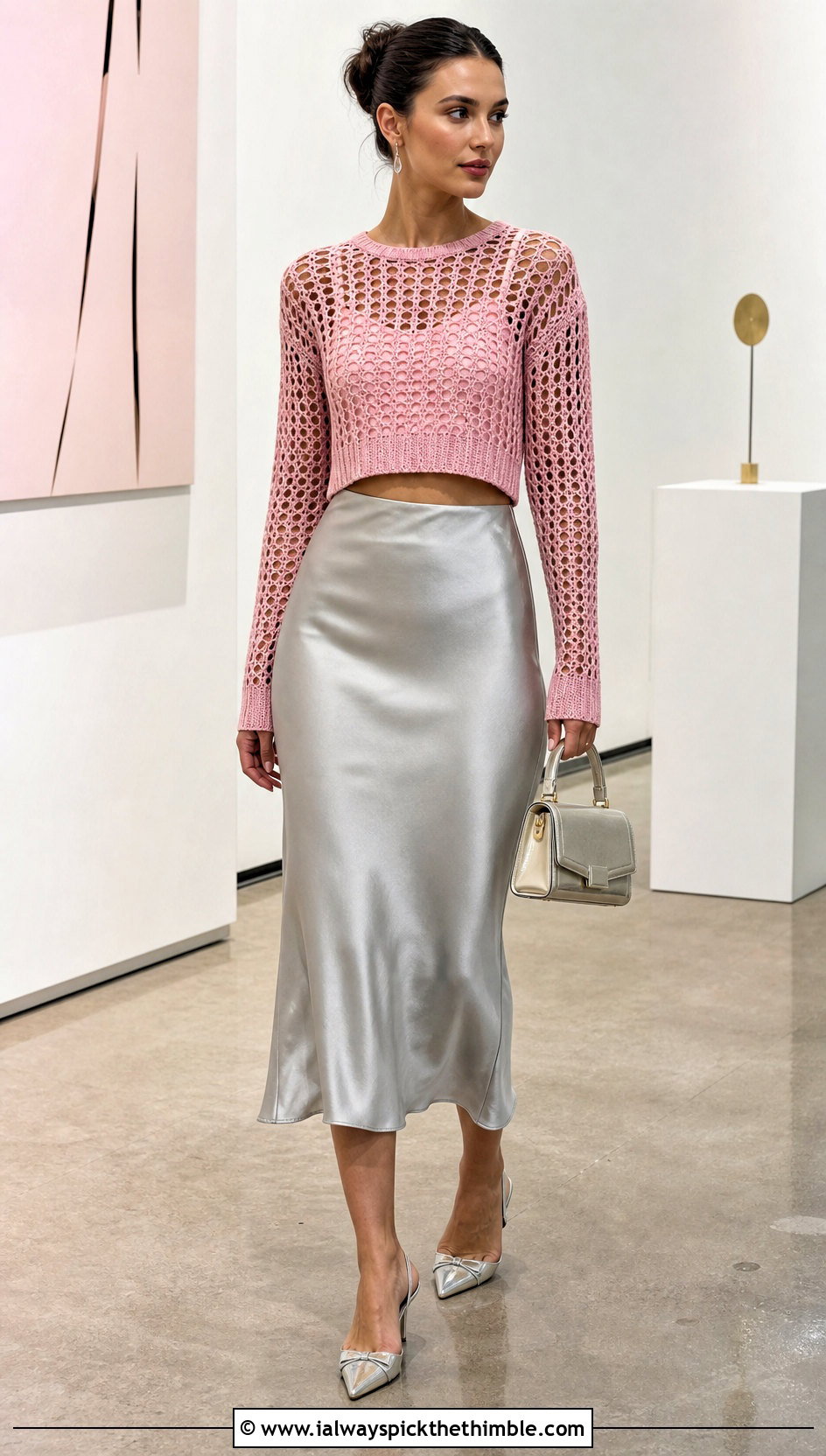 Cropped Mesh Crochet Jumper With Satin Midi Skirt - 25 crochet jumper outfit ideas
