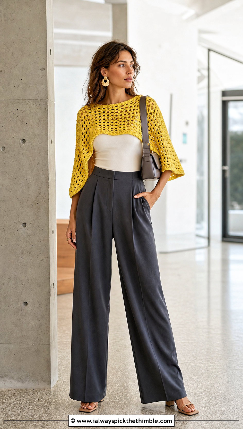 Cropped Mesh Crochet Poncho With Wide Leg Trousers - 20 Mesh Crochet Poncho outfit ideas