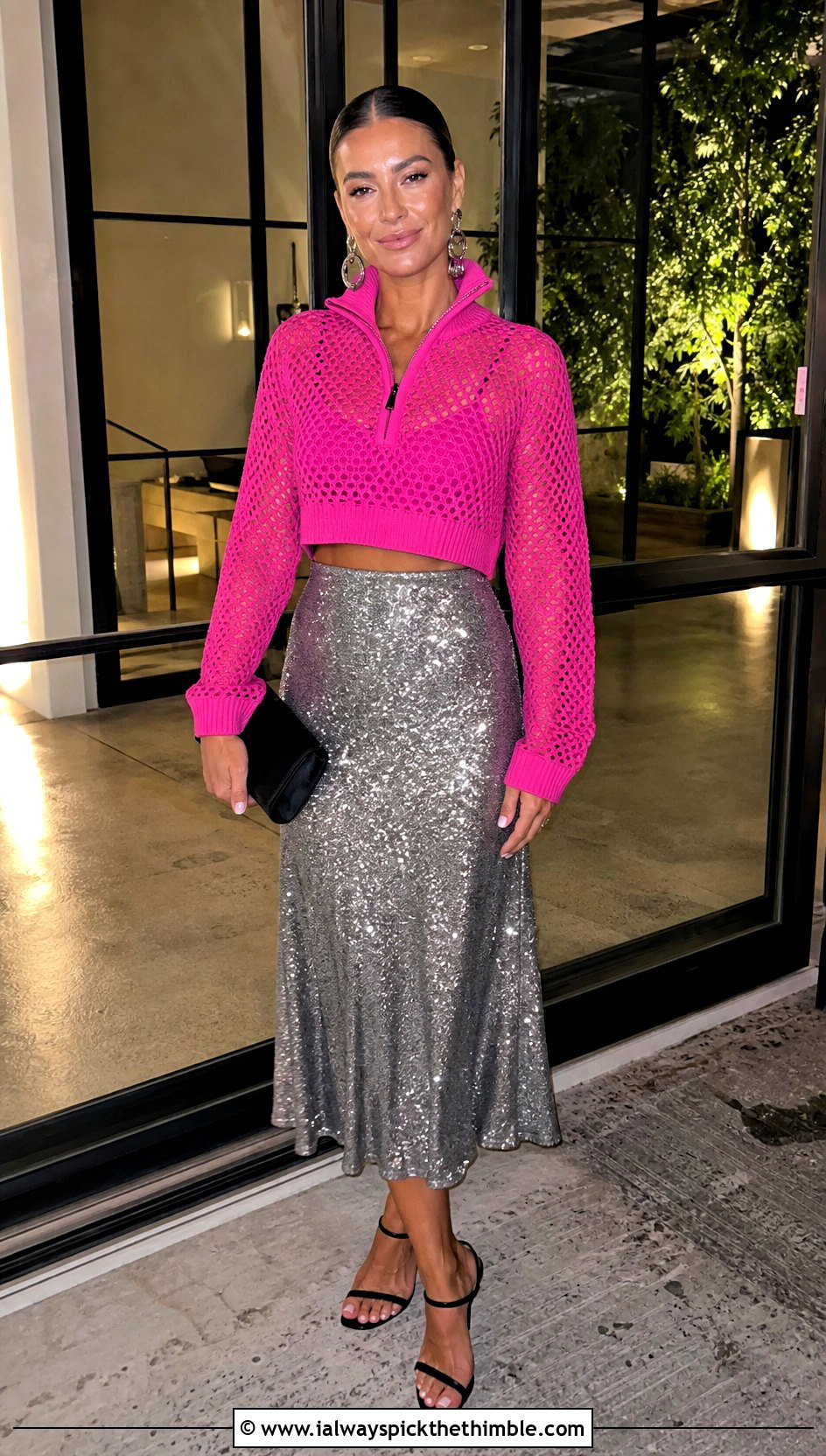 Cropped Mesh Crochet Quarter Zip Sweater With Sequin Midi Skirt - 20 crochet quarter zip sweater outfit ideas