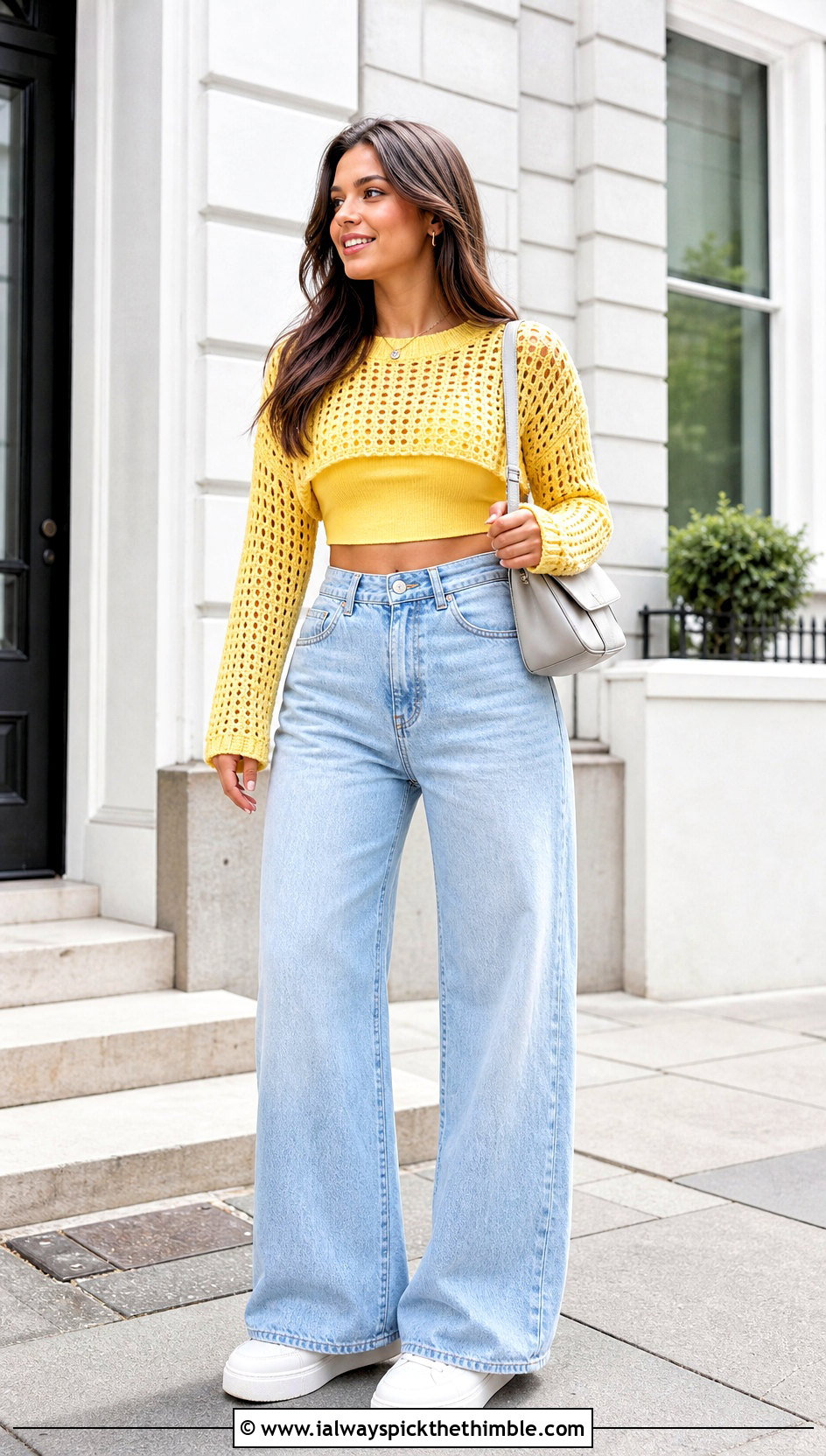 Cropped Mesh Crochet Round Sweater With Wide Leg Jeans - 15 crochet round sweater outfit ideas