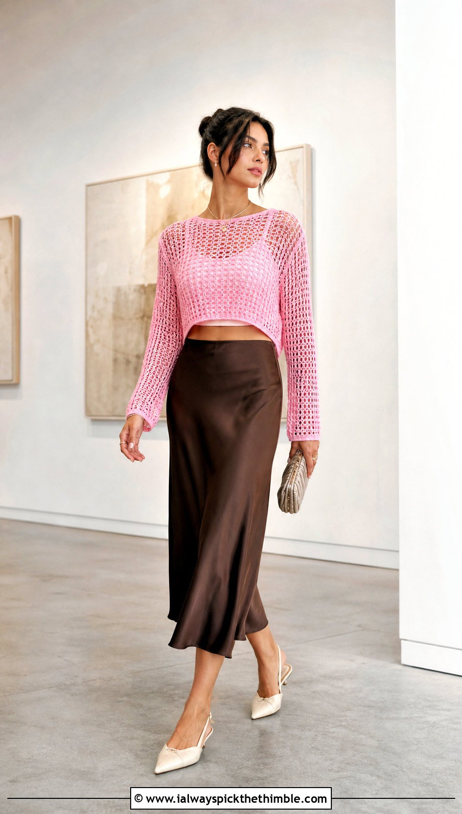Cropped Mesh Crochet Sweater With Satin Midi Skirt - 25 diy crochet sweater outfit ideas
