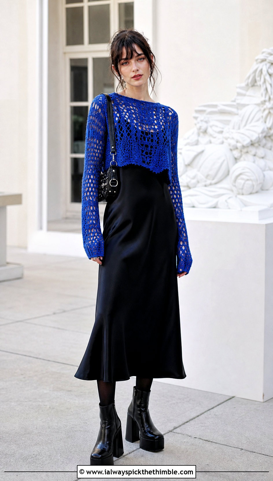 Cropped Mesh Crochet Sweater With Slip Dress - 20 goth crochet sweater outfit ideas