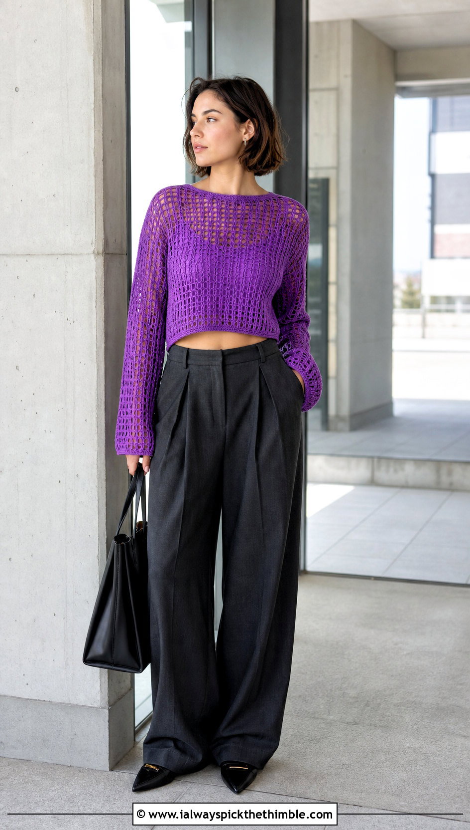 Cropped Mesh Crochet Sweater With Tailored Trousers - 15 Bohemian Style Crochet Sweater outfit ideas