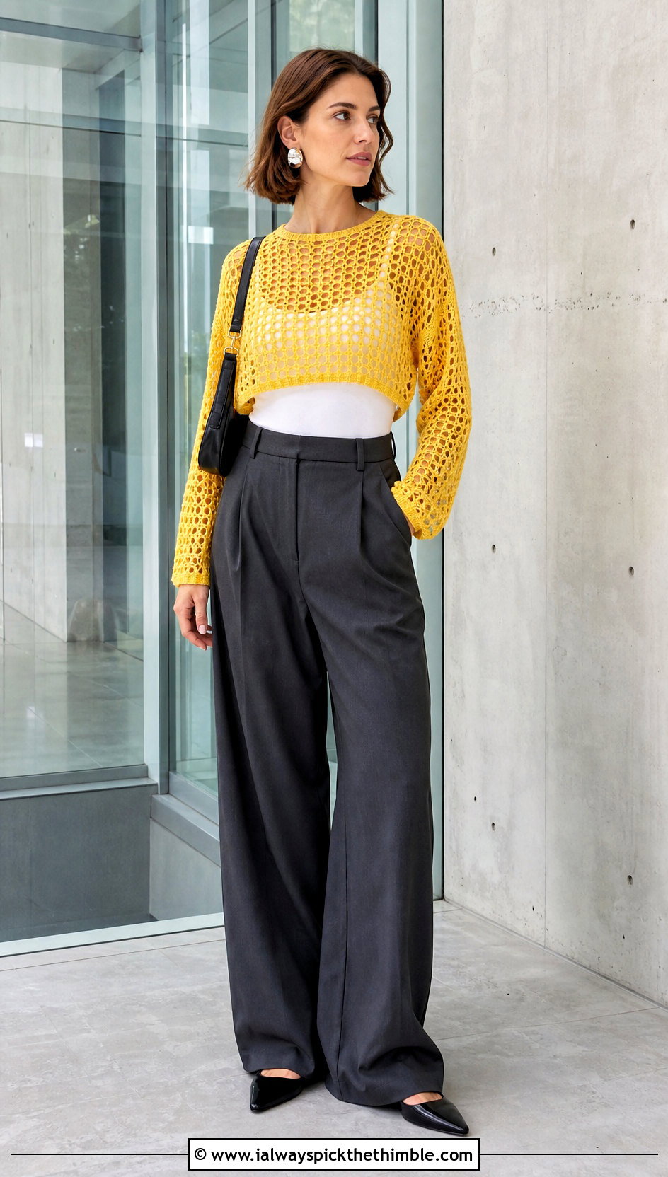 Cropped Mesh Crochet Sweater With Wide Leg Trousers - 20 Crochet Ladies Sweater outfit ideas