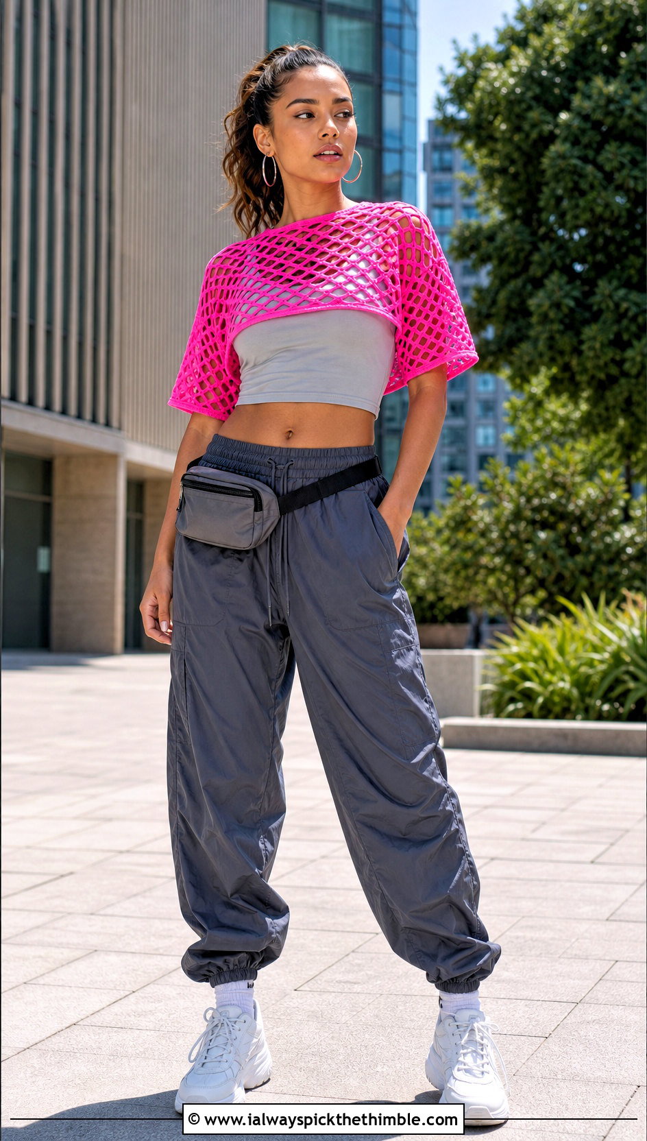 Cropped Mesh Crochet Tee With Parachute Pants - 25 crochet tee shirt outfit ideas