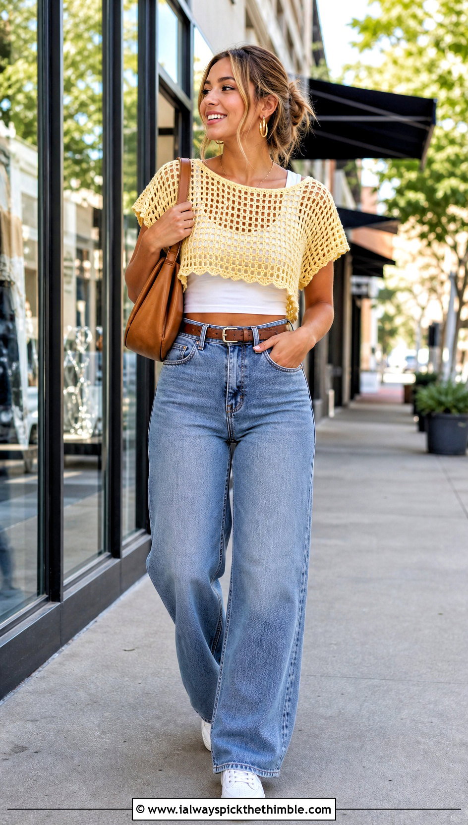Cropped Mesh Crochet Top With Wide Leg Jeans - 25 mesh crochet top outfit ideas
