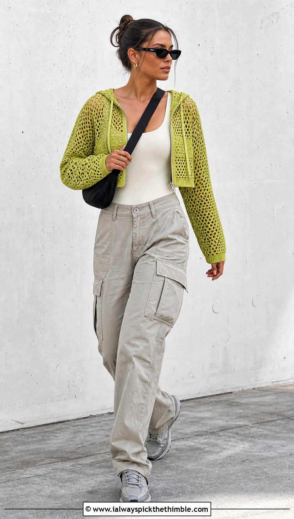 Cropped Mesh Crochet Zip Up Hoodie With Cargo Pants - 20 crochet zip up hoodie outfit ideas