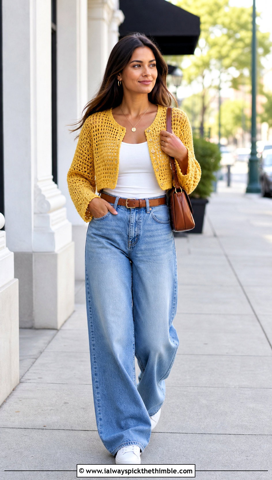 Cropped Mesh Gold Crochet Cardigan With Wide Leg Jeans - 15 gold crochet cardigan outfit ideas