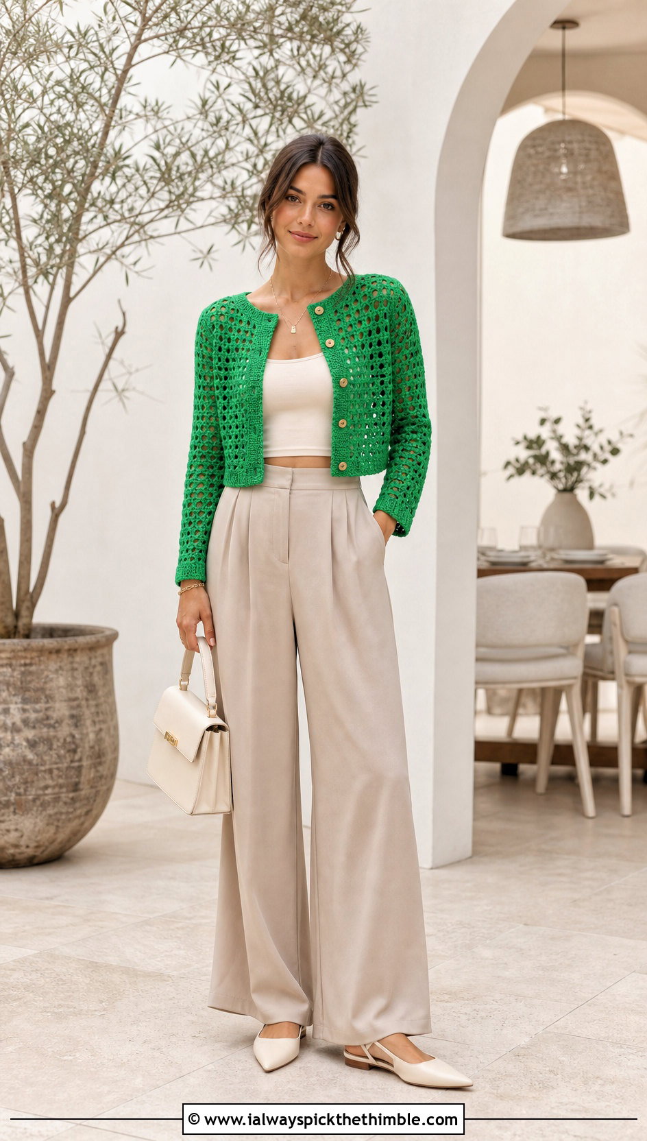 Cropped Mesh Green Crochet Cardigan With Wide Leg Trousers - 25 green crochet cardigan outfit ideas