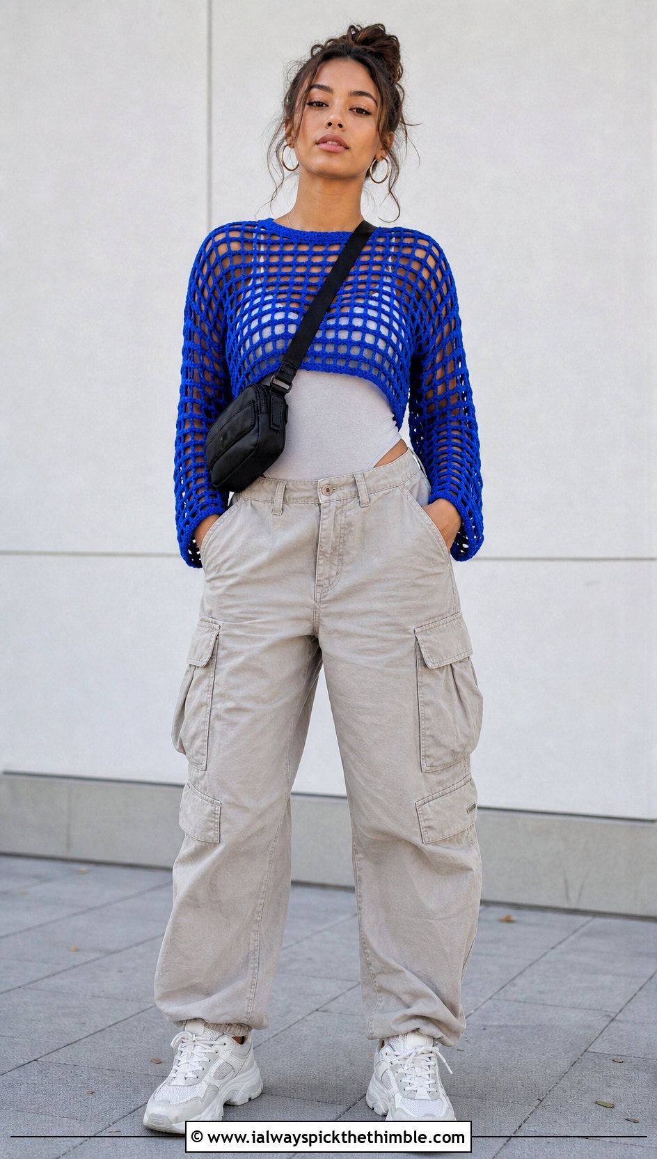 Cropped Mesh Grid Crochet Sweater With Cargo Pants - 15 Grid Crochet Sweater outfit ideas
