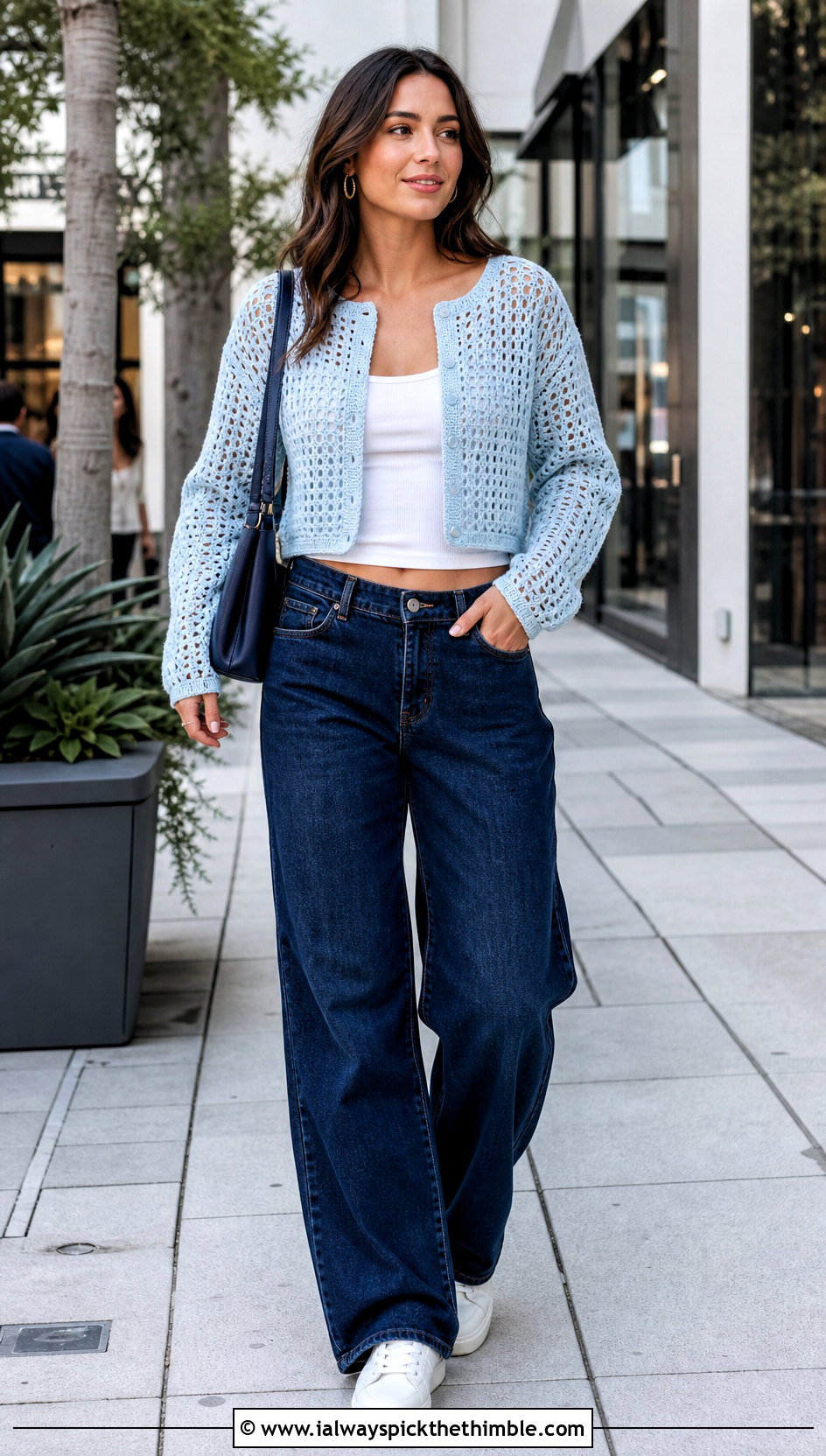 Cropped Mesh Light Blue Crochet Cardigan With Wide Leg Jeans - 20 light blue crochet cardigan outfit ideas