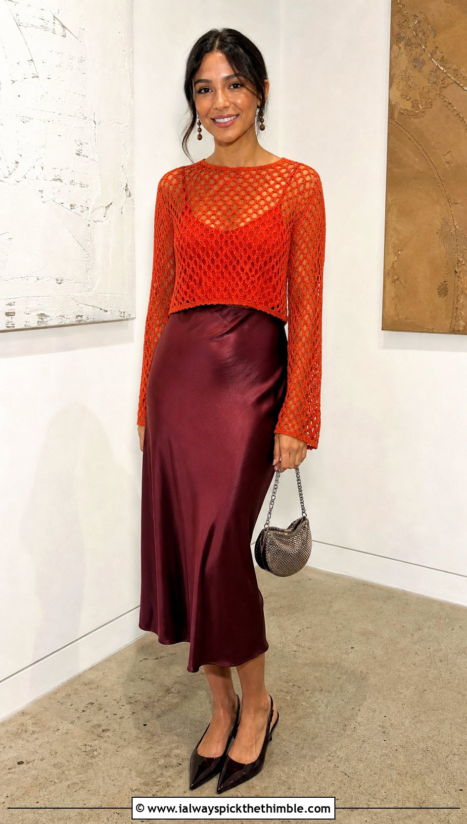 Cropped Mesh Orange Crochet Sweater With Satin Midi Skirt - 15 orange crochet sweater design outfit ideas