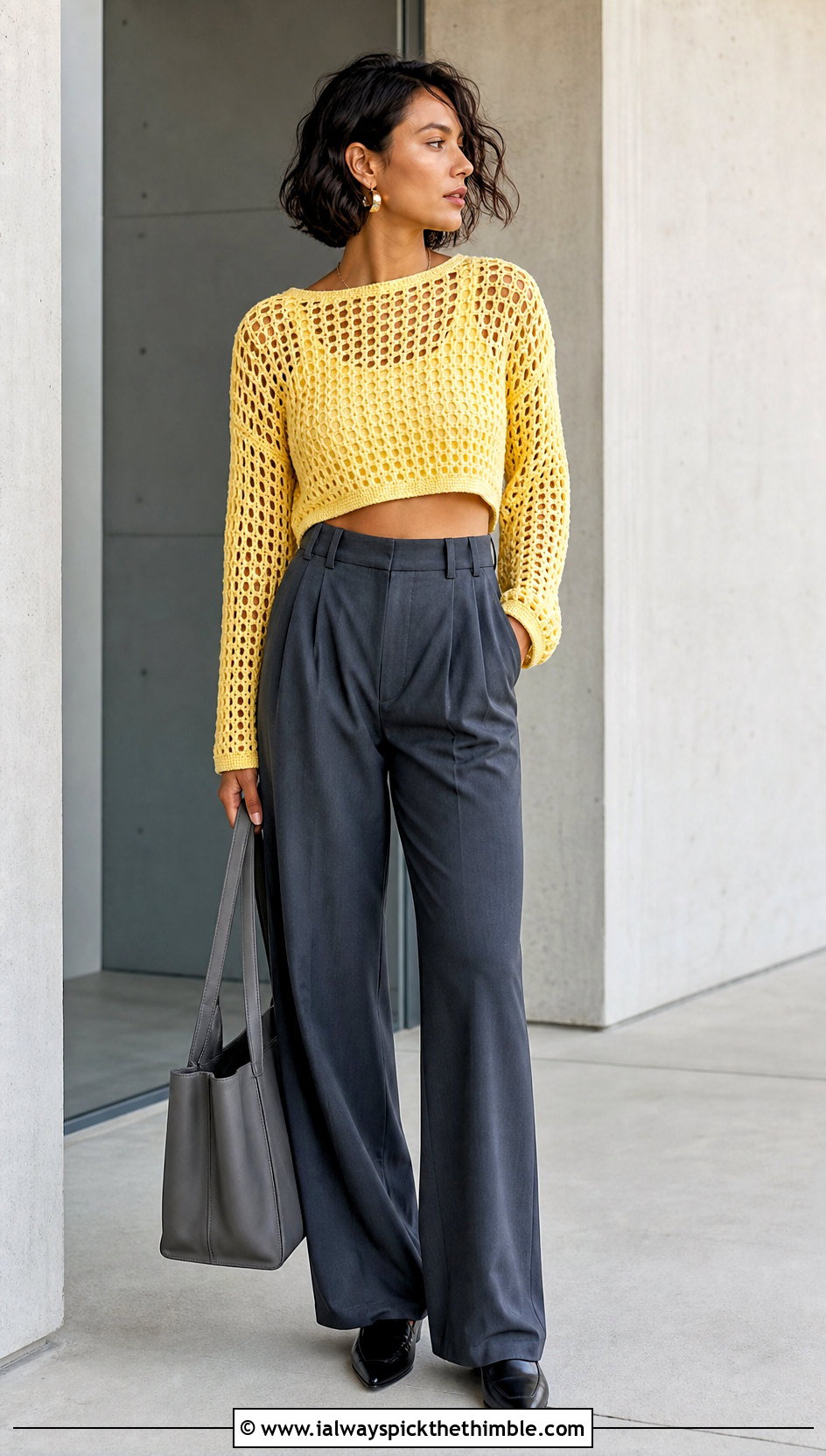 Cropped Mesh Pixie Crochet Sweater With Tailored Trousers - 20 Pixie Crochet Sweater outfit ideas