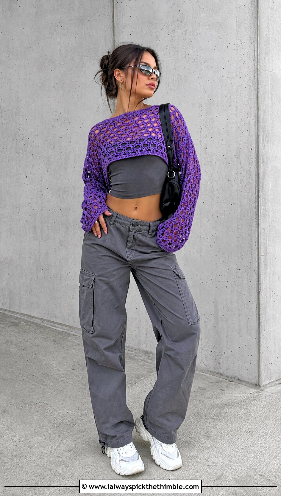 Cropped Mesh Purple Crochet Sweater With Cargo Pants - 15 Purple Crochet Sweater outfit ideas