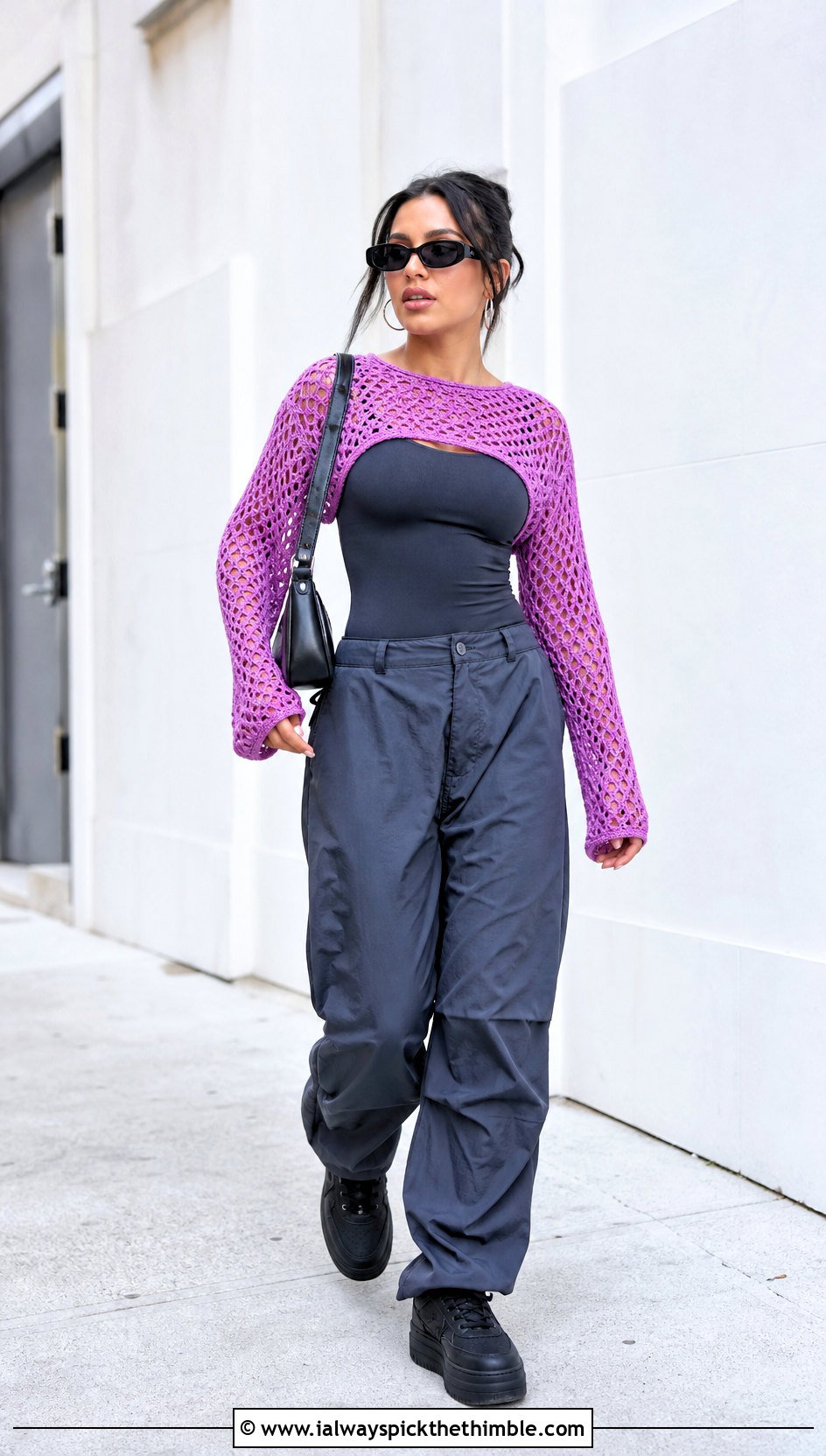 Cropped Mesh Sleeve Crochet Shrug With Parachute Pants - 25 crochet shrugs outfit ideas