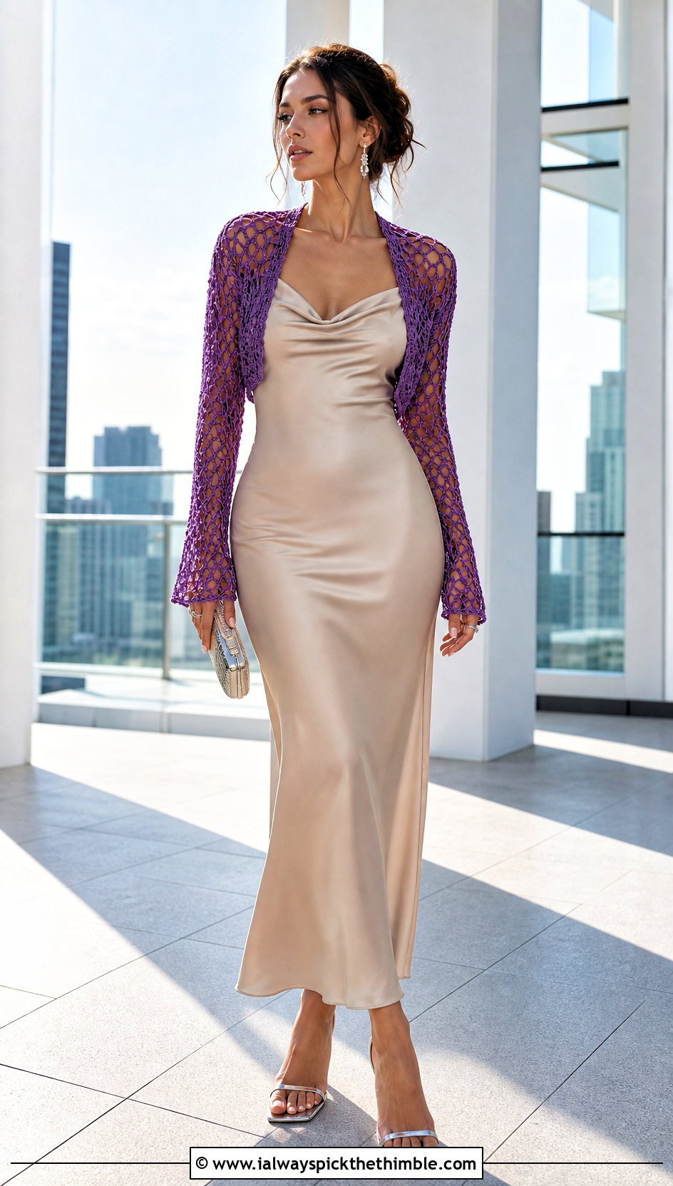 Cropped Mesh Sleeve Shrug With Slip Dress - 20 crochet shrugs and boleros outfit ideas