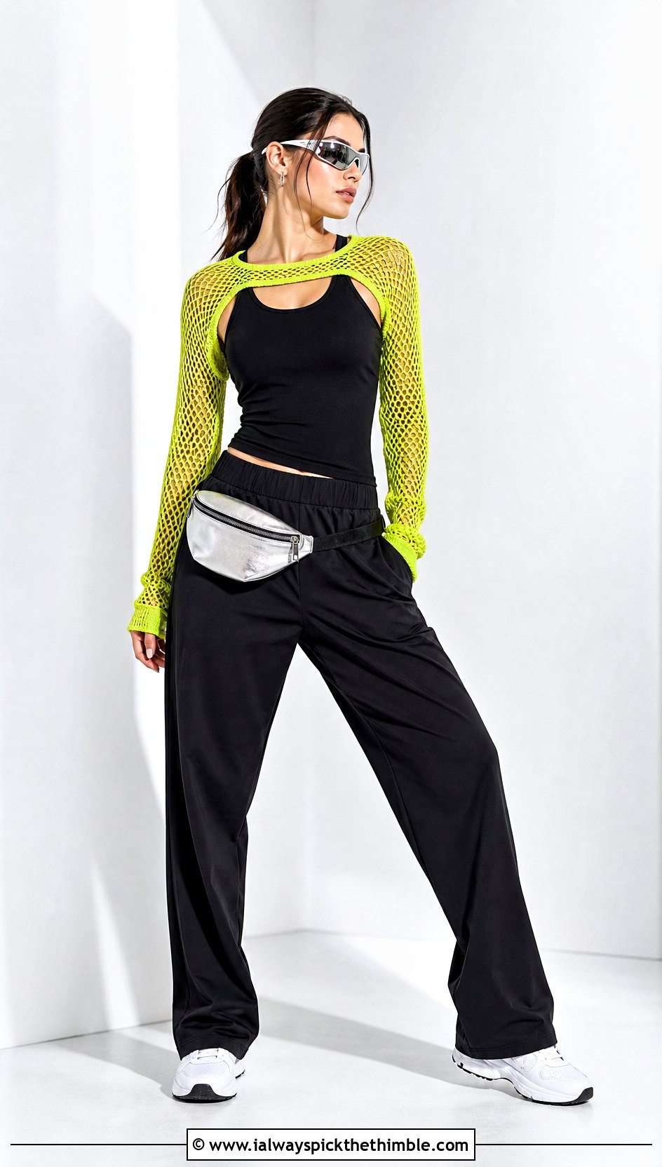 Cropped Mesh Sleeve Shrug With Track Pants - 25 crochet shrug outfit ideas