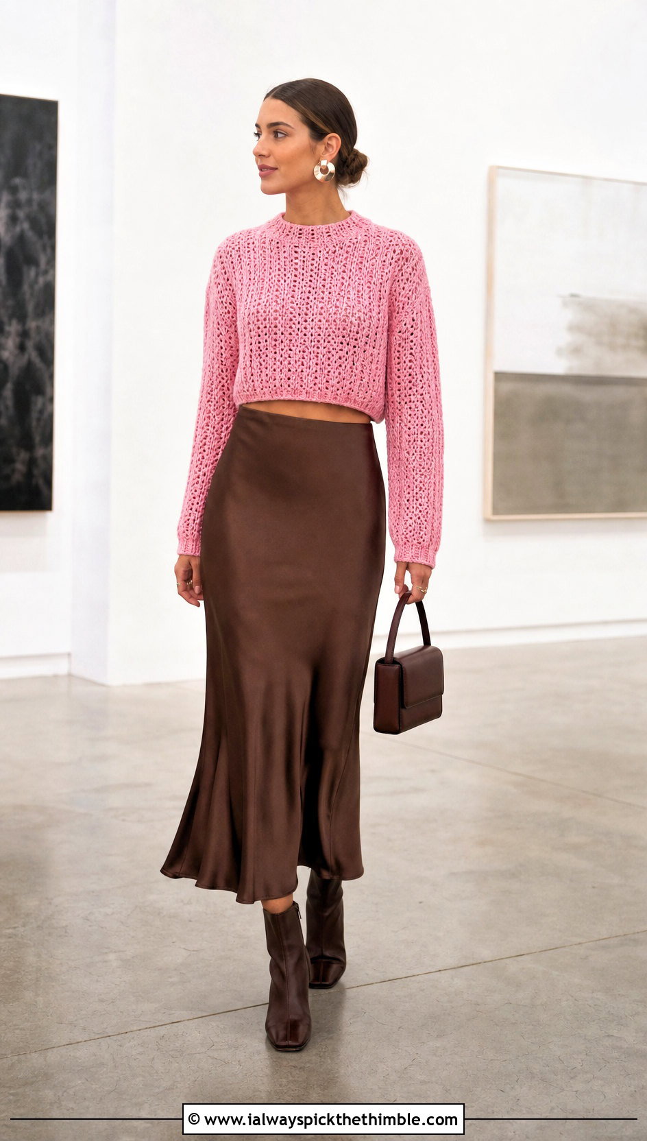 Cropped Mock Knit Crochet Sweater With Satin Midi Skirt - 15 Mock Knit Crochet Sweater outfit ideas