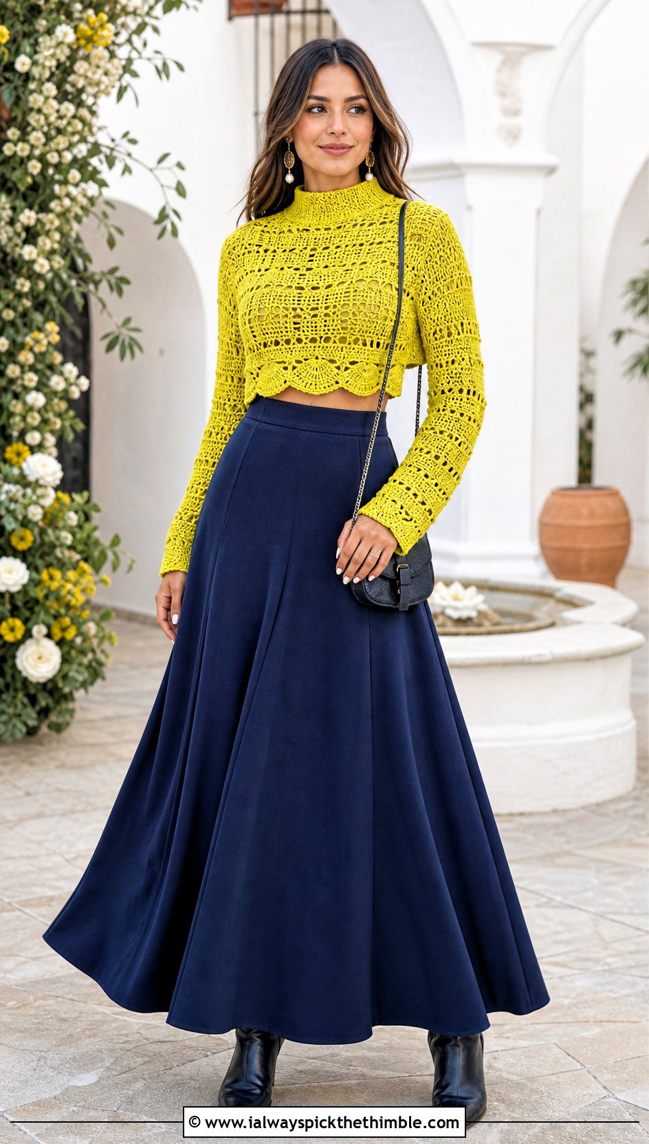 Cropped Mock Neck Crochet Pullover With Maxi Skirt - 25 crochet pullover outfit ideas
