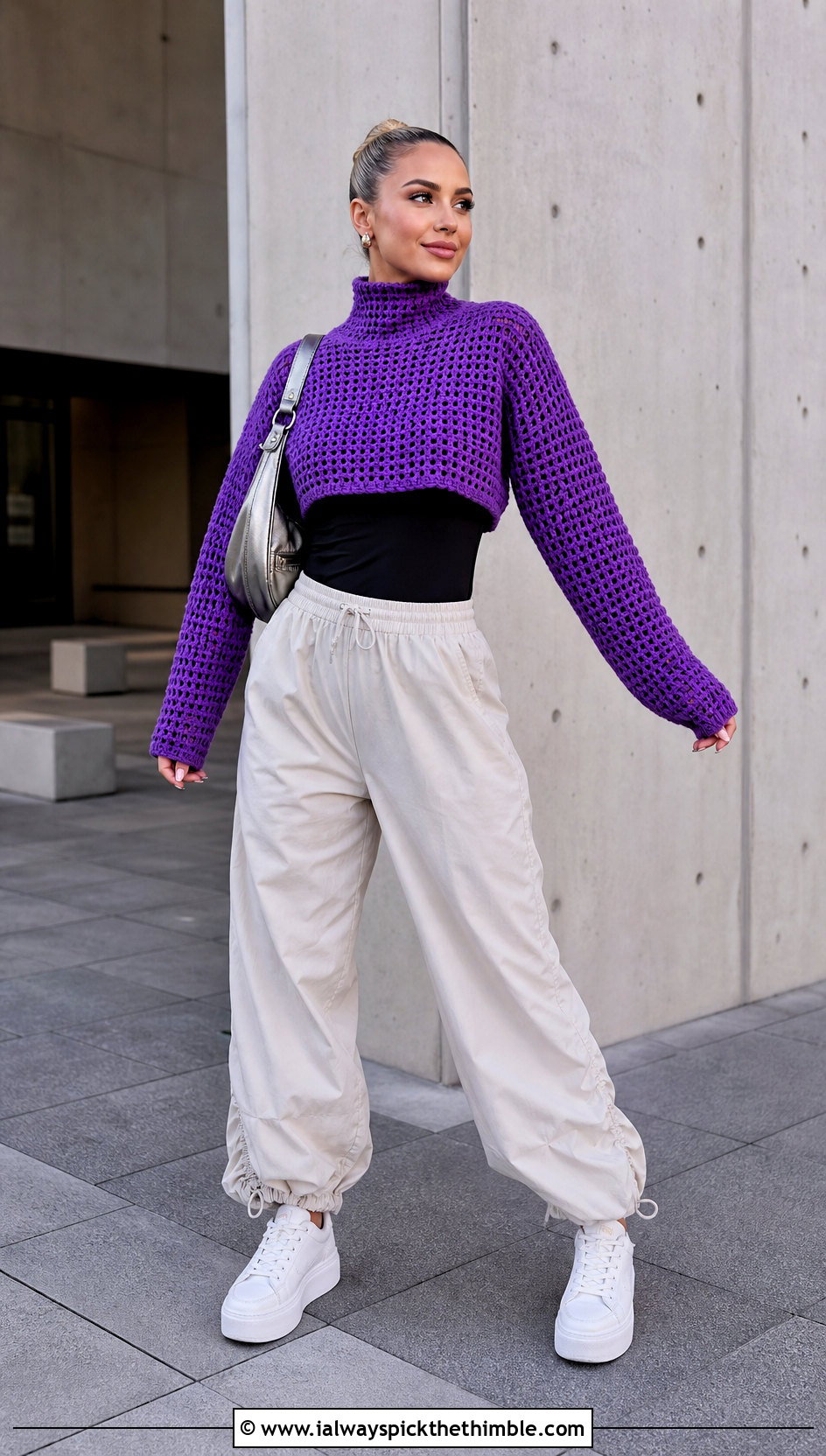 Cropped Mock Neck Crochet Sweater With Parachute Pants - 25 easy crochet sweaters outfit ideas
