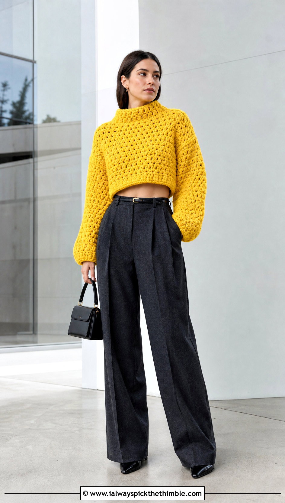 Cropped Mock Neck Super Bulky Crochet Sweater With Wide Leg Trousers - 20 Super Bulky Crochet Sweater outfit ideas