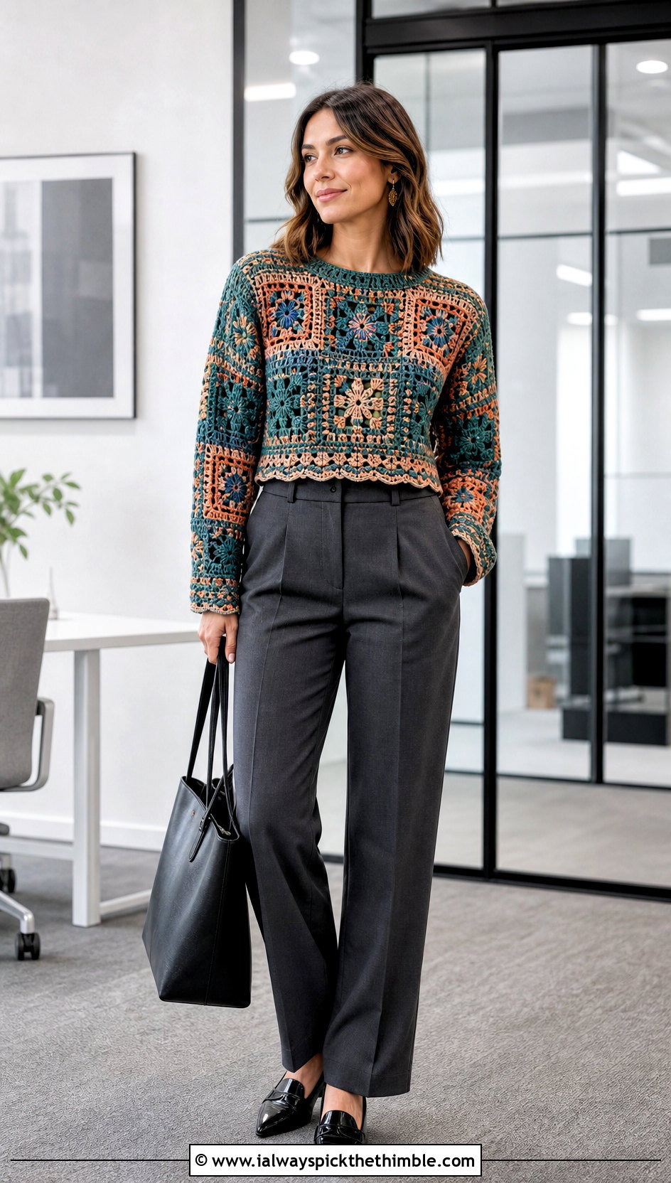 Cropped Mosaic Crochet Sweater With Tailored Trousers - 20 Mosaic Crochet Sweater outfit ideas