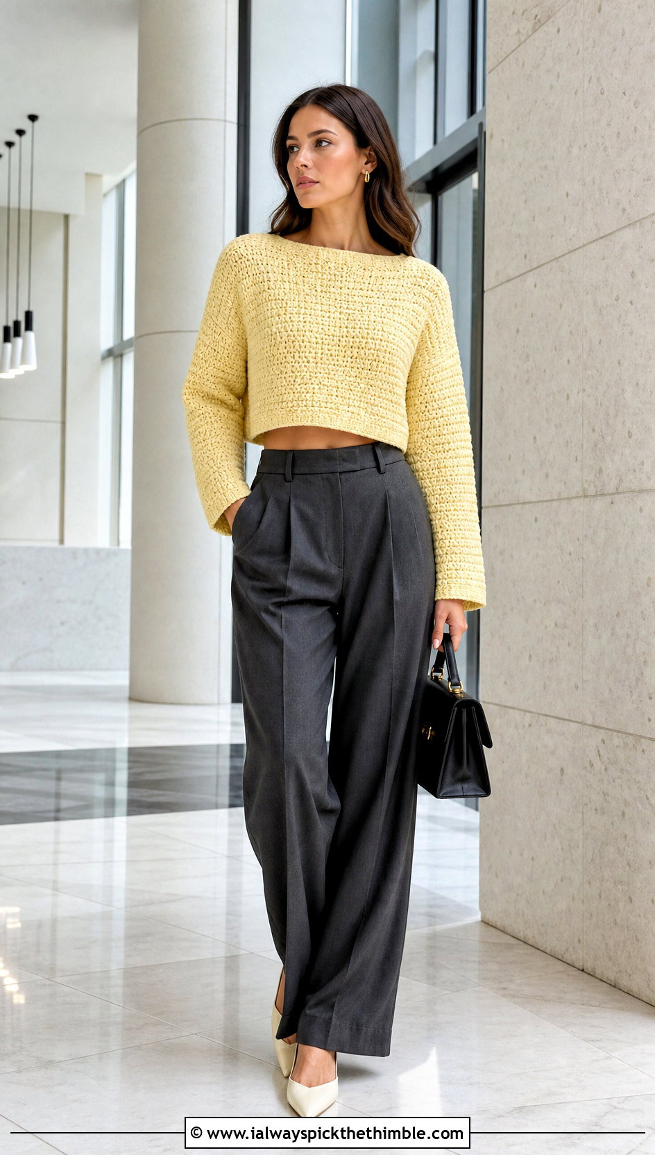 Cropped Moss Stitch Crochet Sweater With Wide Leg Trousers - 20 Moss Stitch Crochet Sweater outfit ideas