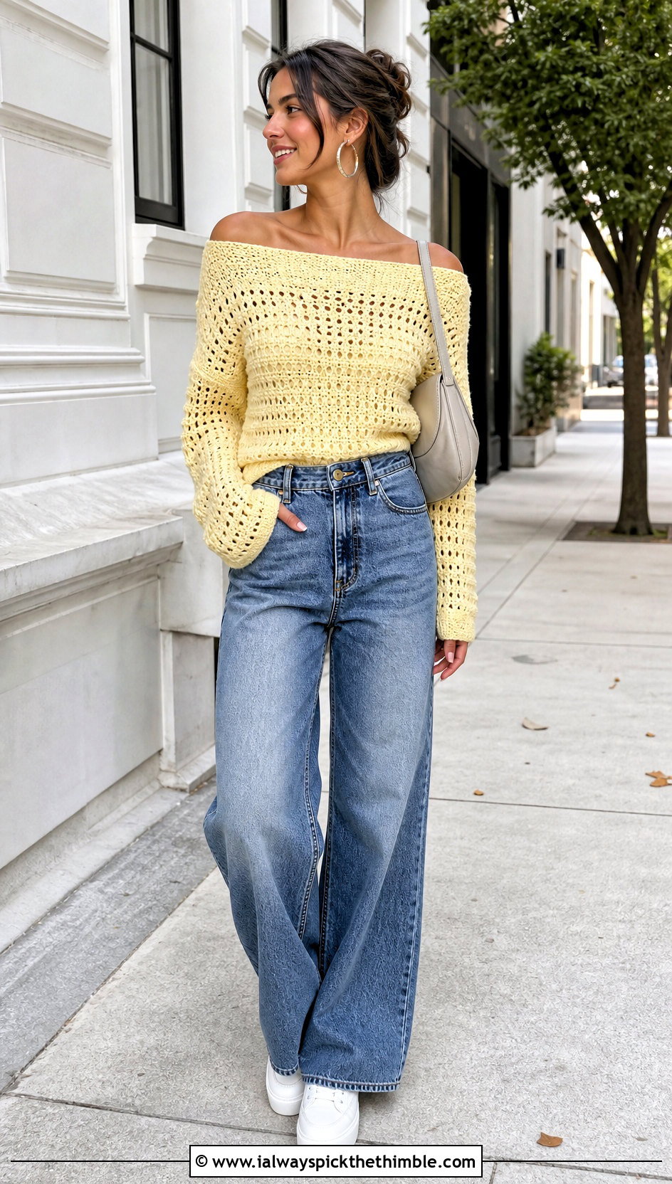 Cropped Off The Shoulder Crochet Sweater With Wide Leg Jeans - 20 off the shoulder crochet sweater outfit ideas