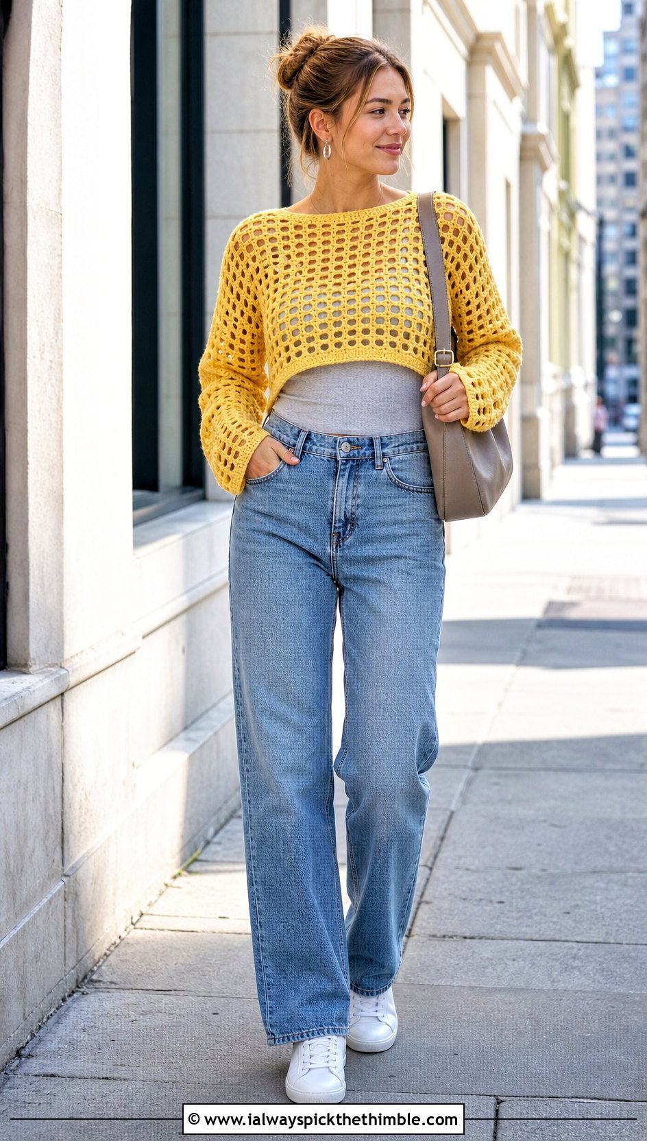 Cropped Open Grid Crochet Mesh Jumper With Straight Leg Jeans - 20 crochet mesh jumper outfit ideas