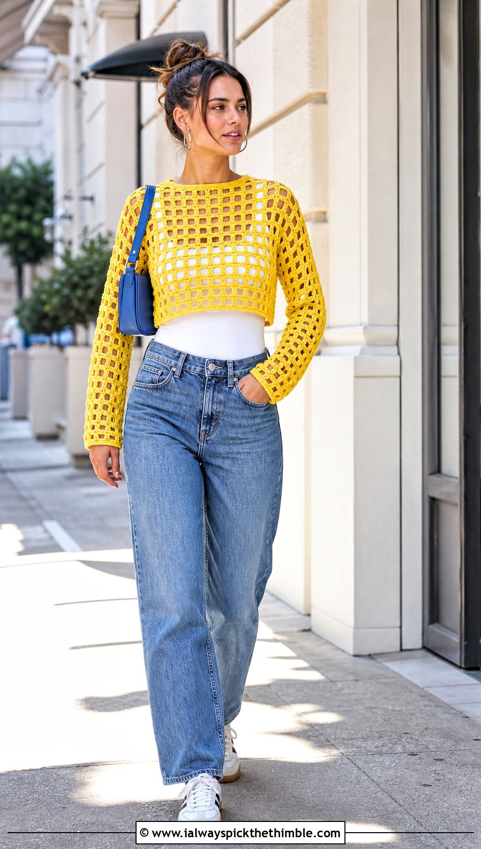 Cropped Open Grid Crochet Mesh Sweater With Straight Leg Jeans - 25 crochet mesh sweater outfit ideas
