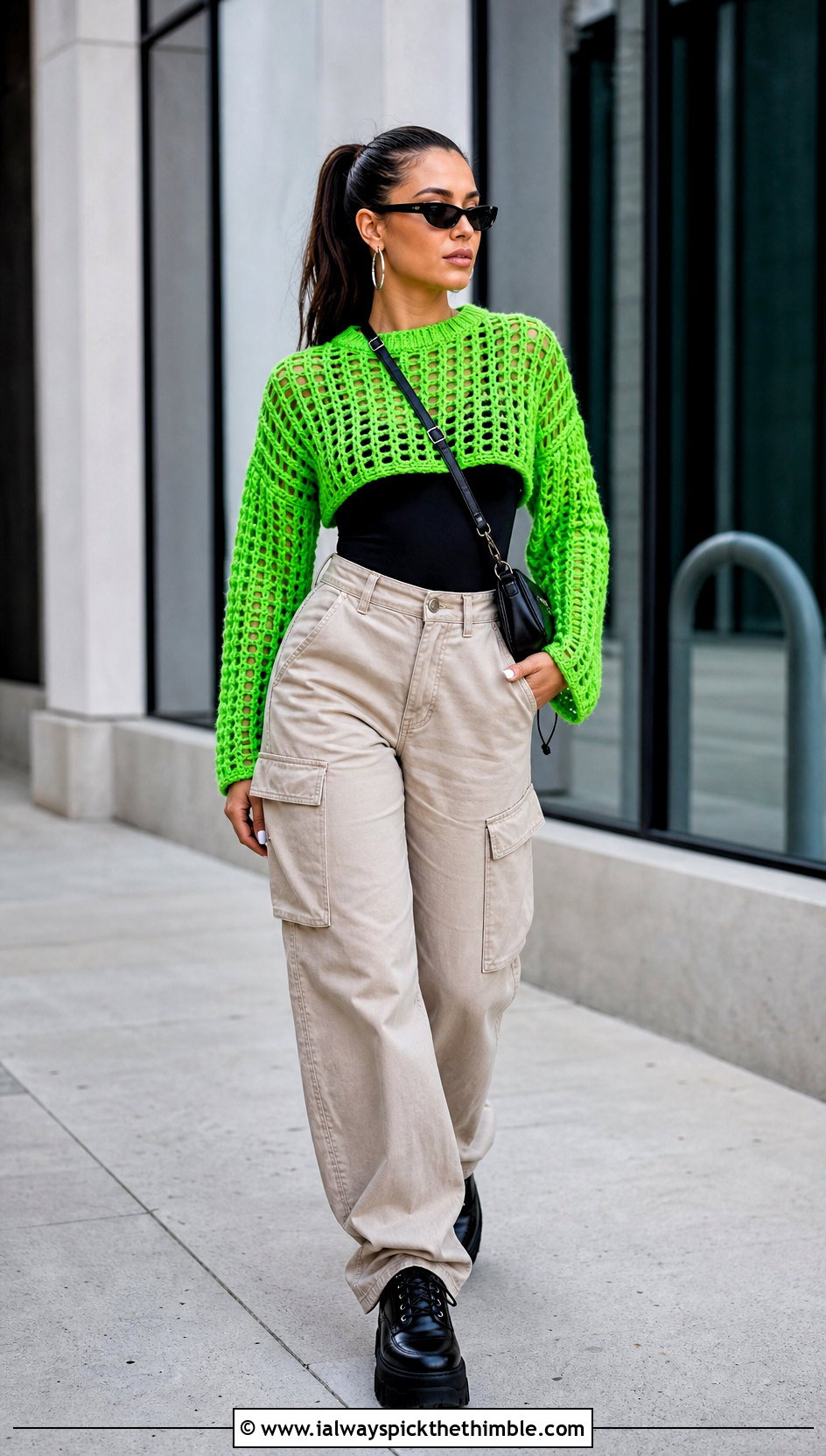 Cropped Open Knit Crochet Sweater With Cargo Pants - 15 Open Knit Crochet Sweater outfit ideas