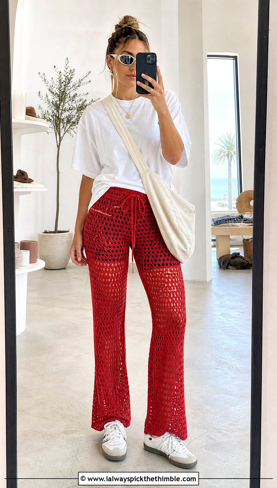 Cropped Open Knit Crochet Swim Pants With Oversized Tee - 20 Crochet Swim Pants outfit ideas