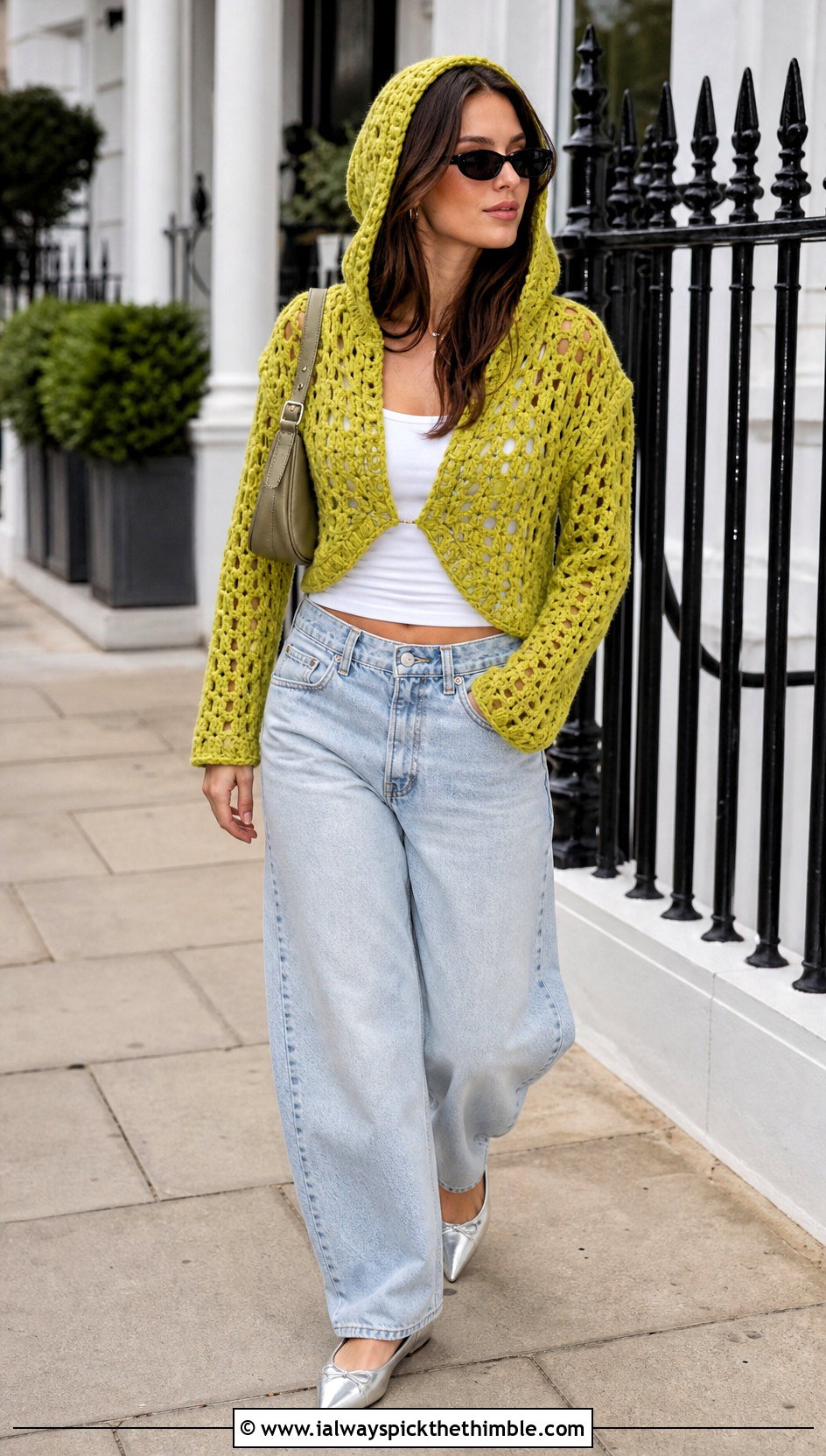 Cropped Open Knit Hooded Crochet Sweater With Barrel Jeans - 20 Hooded Crochet Sweater outfit ideas