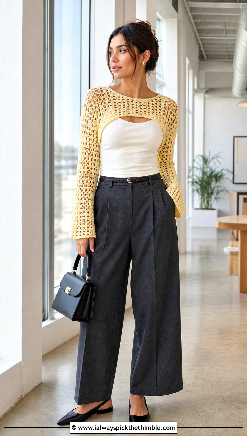 Cropped Open Knit Mcdreamy Crochet Sweater With Wide Leg Trousers - 15 Mcdreamy Crochet Sweater outfit ideas