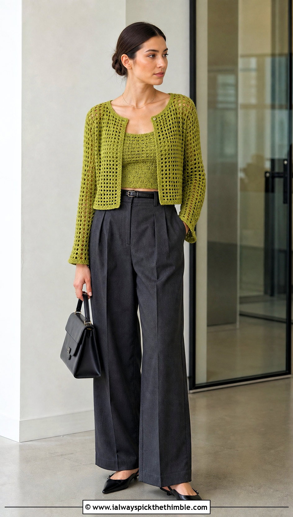 Cropped Open Knit Velma Crochet Sweater With Wide Leg Trousers - 15 Velma Crochet Sweater outfit ideas
