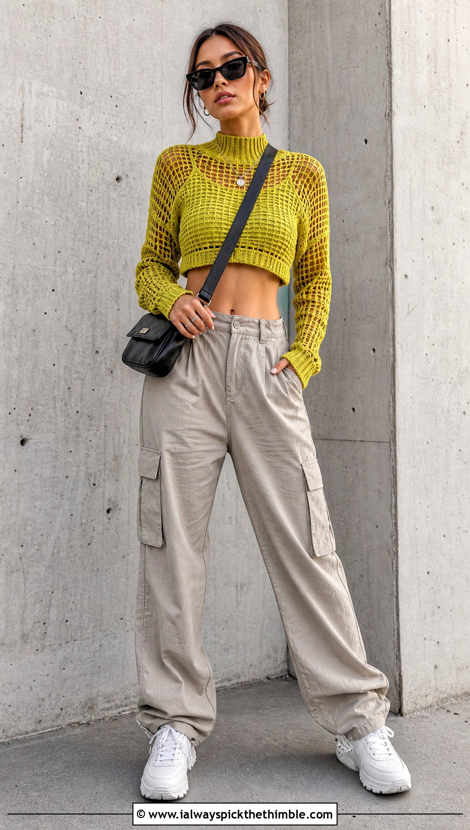 Cropped Open Stitch Mock Neck Crochet Top With Cargo Pants - 25 high neck crochet top outfit ideas