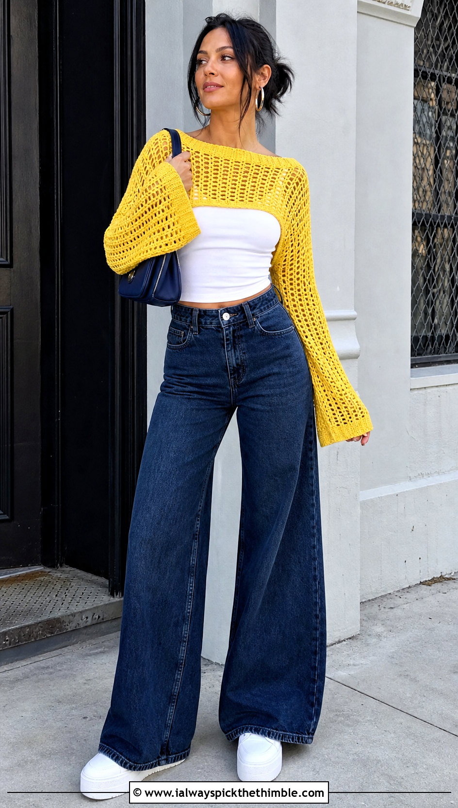 Cropped Openwork Crochet Bell Sleeve Sweater With Wide Leg Jeans - 20 crochet bell sleeve sweater outfit ideas