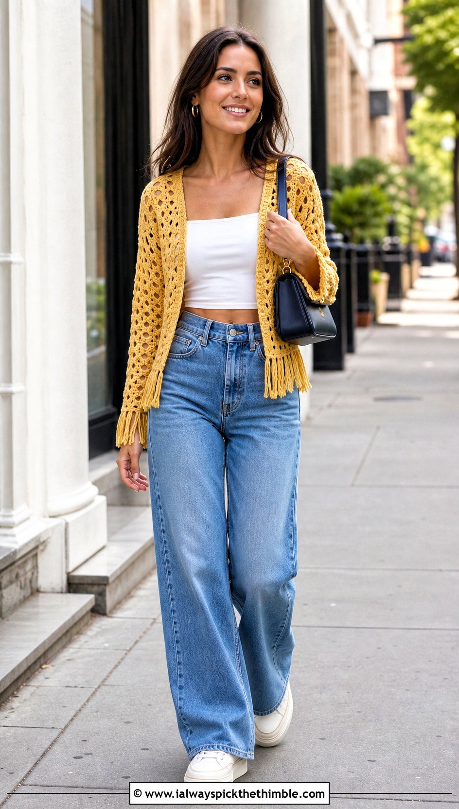 Cropped Openwork Crochet Fringe Sweater With Wide Leg Jeans - 20 Crochet Fringe Sweater outfit ideas