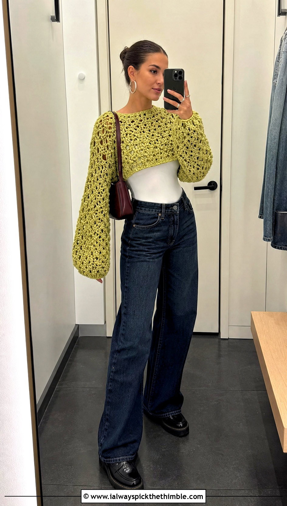 Cropped Oversize Crochet Sweater With Wide Leg Jeans - 20 Crochet Oversize Sweater outfit ideas